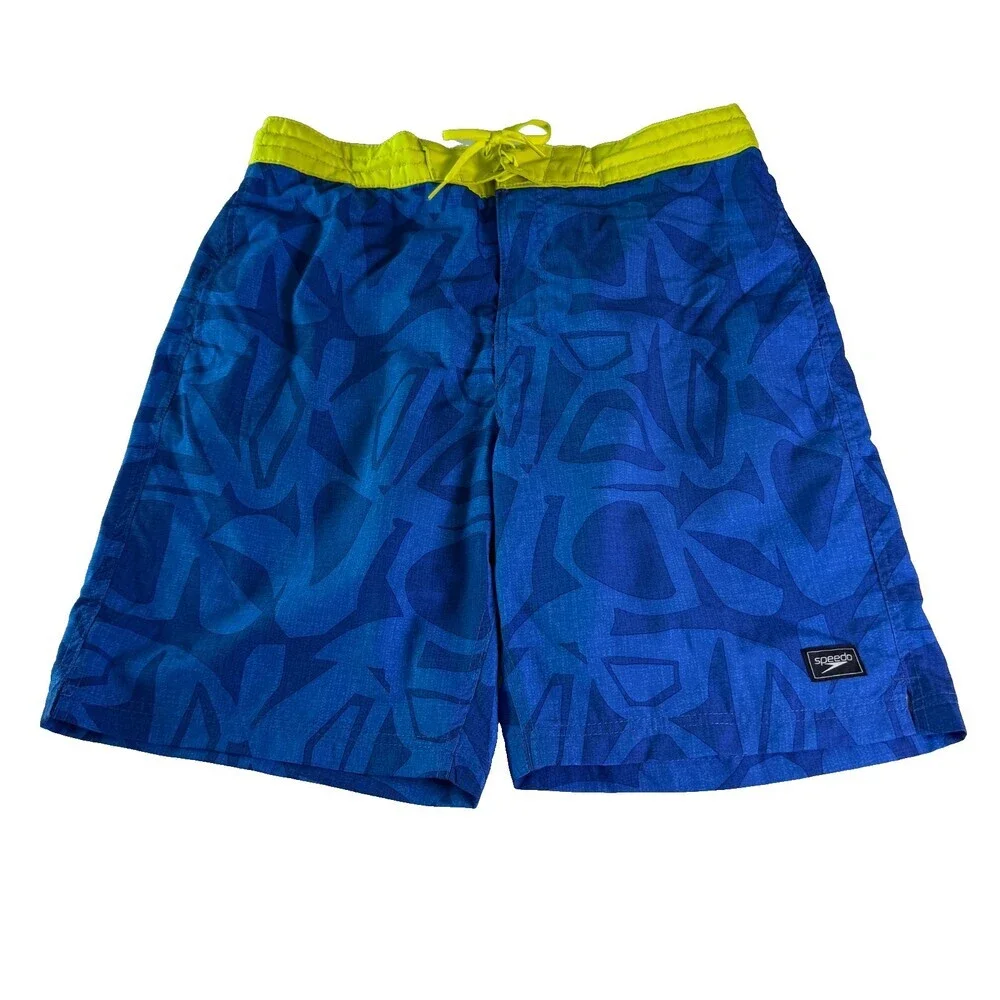 Speedo Men's Swim Trunks Size L Royal Blue Lime Green Geometric Pockets Lined
